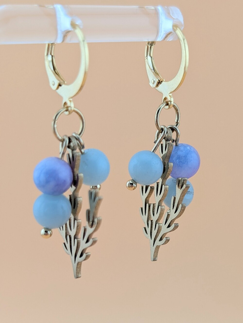 Quartz Gold Plated Coral Branch Charm Lever Back Earrings - Boho Beachy Gemstone
